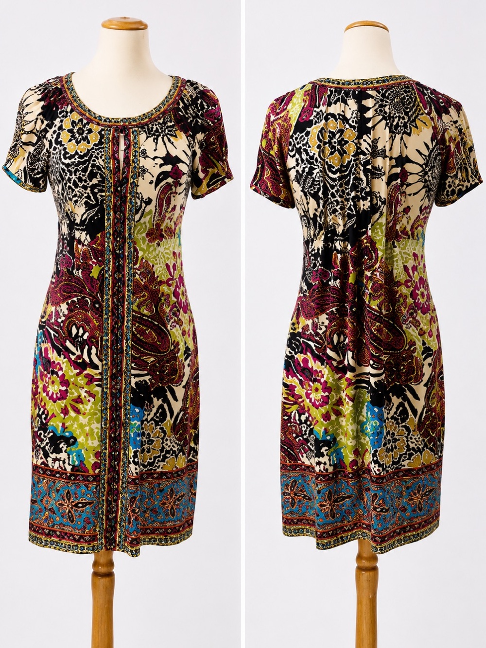 ICE Multicolor Paisley Floral Beaded Short Sleeve Dress